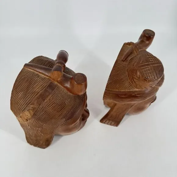 Vintage MCM Hand Carved Solid Wood Tribal Head Bookends Pair 7”